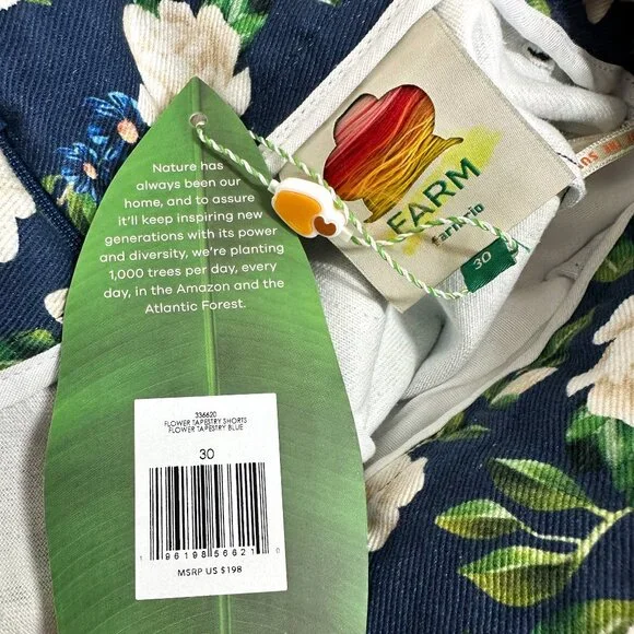 NWT Farm Rio High Rise Belted Navy Blue Flower Tapestry Shorts Size 30 Medium - Picture 8 of 9